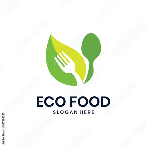Minimalist eco food logo, leaf with fork and spoon design
