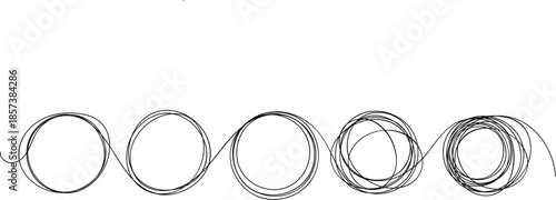 Continuous one line drawing of set black circles. A linear progression of circular shapes transforming from simple loops to intricate tangles. This abstract image features a continuous single black