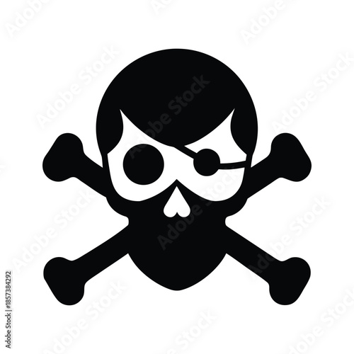 Black pirate skull silhouette with eye patch and crossbones on white background Vector illustration