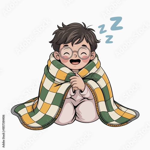 A cheerful child, wearing glasses, snuggles in a colorful blanket, perfectly capturing the essence of warmth, comfort, and carefree childhood moments.
