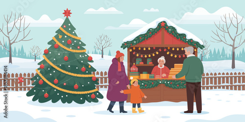 A charming winter market scene with families and festive decorations, showcasing the warmth of community gatherings during the holiday season in the snowy landscape.