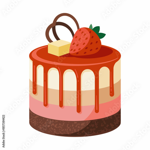 A mouth-watering layered cake adorned with fresh strawberries and rich chocolate drizzle, inviting indulgence and celebration for all sweet-toothed occasions.