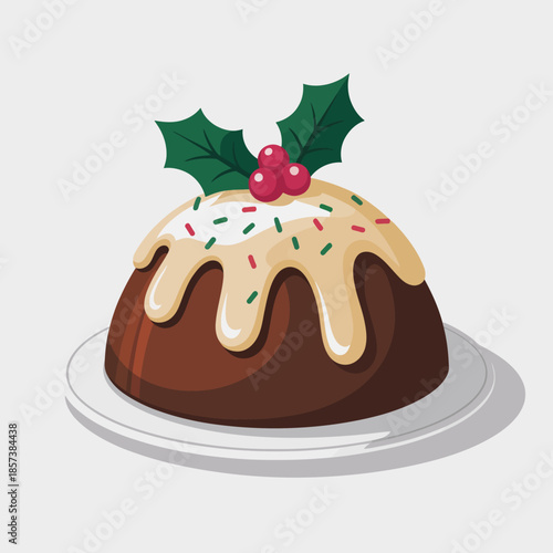 A rich, chocolate pudding topped with a creamy glaze and festive garnish embodies the essence of holiday celebrations, inviting joy and warmth during seasonal gatherings and feasts.