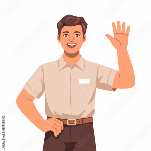 A cheerful young man is smiling and waving, radiating friendliness and approachability, embodying the essence of connection and positivity in human interactions.