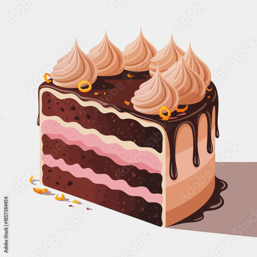 A delicious slice of chocolate cake showcases its appealing layers with creamy frosting, perfect for dessert lovers looking for an indulgent treat.