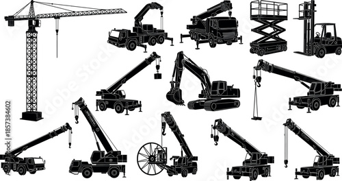 Professional Construction Machinery Silhouettes Set Including Tower Cranes Excavators Scissor Lifts Forklifts and Heavy Duty Mobile Hydraulic Lifting Equipment Icons