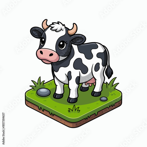 A playful cartoon cow standing on grass, adding charm and whimsy to the pastoral landscape, symbolizing agriculture and the joy of rural life.