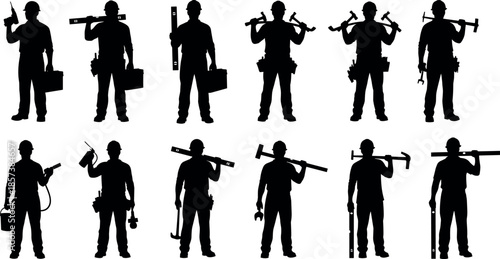 Professional Construction Worker Silhouettes Set Featuring Handymen Carrying Tools, Hammers, Levels, Drills, and Toolboxes for Industrial Service and Repair Projects.