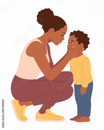A heartwarming image of a mother kneeling to meet her child's gaze, embracing the bond of love and understanding in a nurturing and supportive manner.