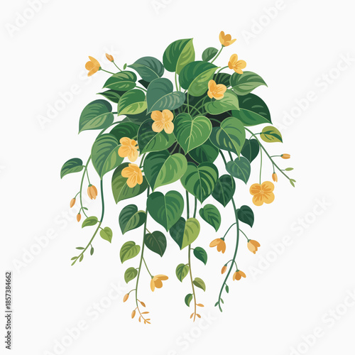 A lively illustration of a hanging plant adorned with beautiful yellow flowers, symbolizing nature's beauty, vibrancy, and the joys of nurturing plant life indoors.