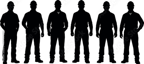 Set of construction worker silhouettes wearing hard hats and safety gear in various standing poses for industrial labor and engineering