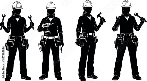 Set of Female Construction Worker Silhouettes Wearing Hard Hats and Tool Belts Holding Drill Hammer and Wrenches for Industrial Work
