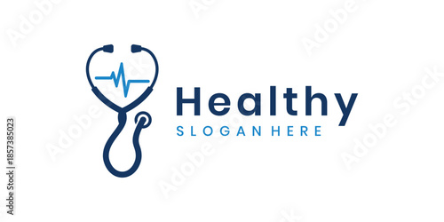 Medical healthy stethoscope logo with heartbeat pulse line
