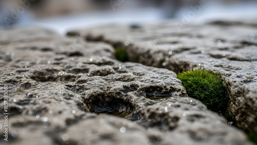 Vibrant green moss thrives in a rocky crevice adorned with sparkling water droplets