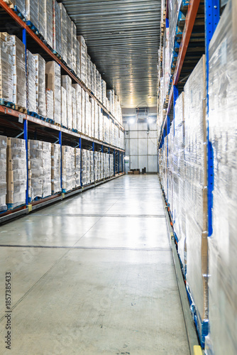 Obraz na płótnie Cold storage industrial warehouse, showcasing stacked pallets of products, cruci