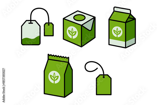 Green Tea Packaging Icons Set