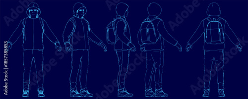 People in warm winter clothes stand in a line, each wearing a backpack against a deep blue background.