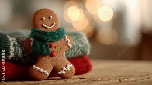 Festive Gingerbread Man Cookie with Scarf on Wooden Table and Warm Bokeh Lights