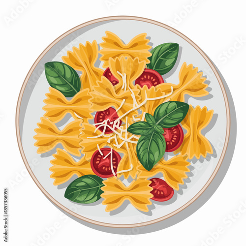 A vibrant plate of bowtie pasta beautifully arranged with cherry tomatoes and basil leaves, topped with a sprinkle of cheese, showcasing an inviting culinary scene.