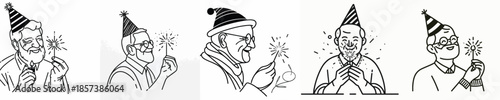 vector half body of a grandfather lighting small fireworks(sparkle) on New Year