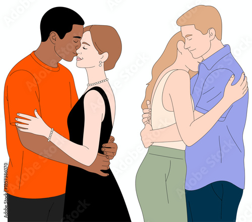 Two diverse couples are seen sharing intimate moments in a loving embrace, showcasing love, connection, and the beauty of human relationships in their simplest form.