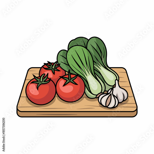 A vibrant assortment of fresh vegetables, including tomatoes, bok choy, and garlic, arranged neatly on a cutting board, emphasizing healthy cooking and culinary preparation.