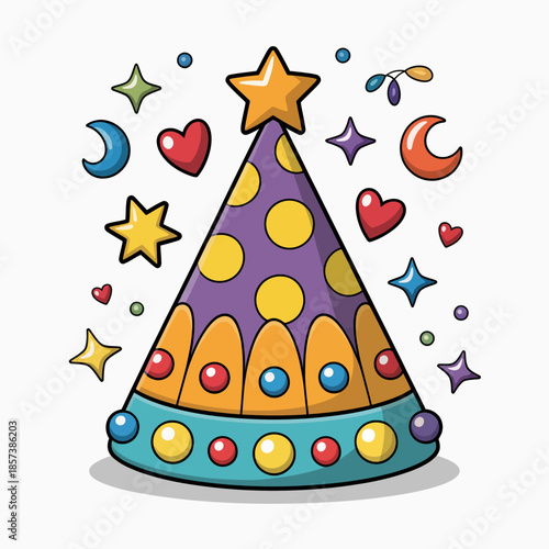 A vibrant party hat adorned with colorful patterns and surrounded by whimsical elements, capturing the joyful spirit of celebrations and festive gatherings in a playful design.