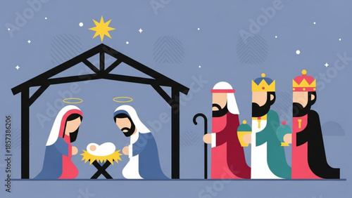 Nativity Scene with Holy Family and Three Wise Men in Manger