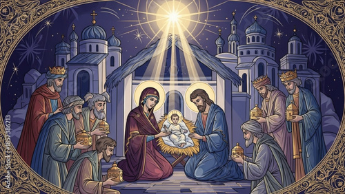 Nativity Scene with Holy Family and Magi in Bethlehem at Night