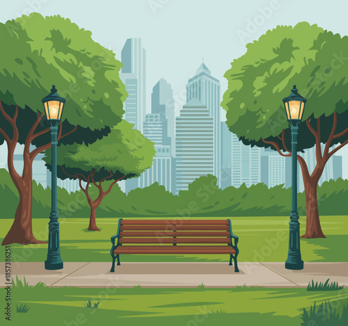 A picturesque park scene featuring a peaceful bench surrounded by trees and a stunning city skyline in the background, perfect for relaxation and nature lovers.