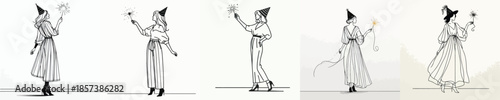 vector full body of a woman stand lighting small fireworks(sparkle) on New Year