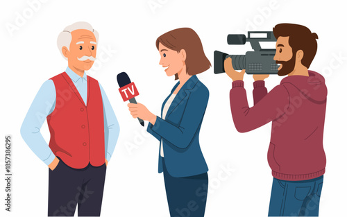 A cheerful news reporter conducts an interview with a senior man in a casual setting, showcasing the interaction between different generations in modern media.
