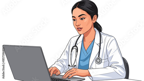 Vector Hispanic latin female doctor make online video call consult patient on laptop. Medical assistant young woman therapist videoconferencing to web camera. Telemedicine concept.