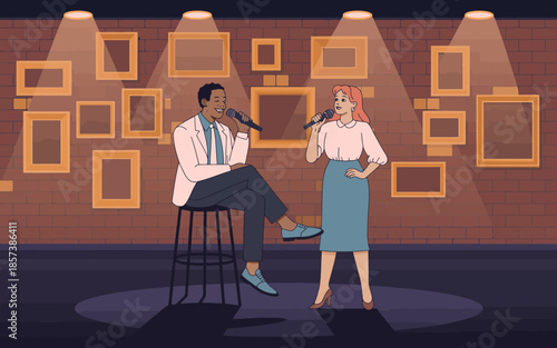 This lively image displays two performers on stage, engaging in a duet with passion, highlighting the vibrant energy of live music and the connection between artists and audience.