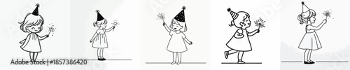 vector full body of a little girl stand lighting small fireworks(sparkle) on New Year