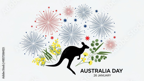 Australia Day Celebration: A silhouette of a kangaroo stands proudly against a backdrop of celebratory fireworks and floral elements.