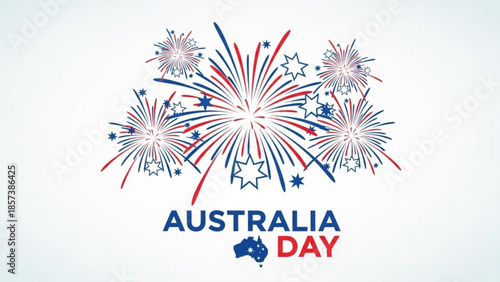 Australia Day Celebration: Colorful fireworks display burst in the sky with text AUSTRALIA DAY, commemorating a significant national day. Celebrate the vibrant spirit of the nation and its people.
