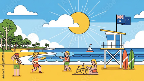 Beachside Bliss: A vibrant illustration captures the essence of summer fun, with children joyfully engaged in beach activities under a bright sun, a lifeguard tower stands watch. 