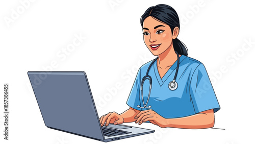 Vector Hispanic latin female doctor make online video call consult patient on laptop. Medical assistant young woman therapist videoconferencing to web camera. Telemedicine concept.
