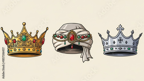 Royal Regalia: Exquisite crowns, each telling a tale of heritage and power, meticulously designed with intricate details, showcasing regal opulence. 