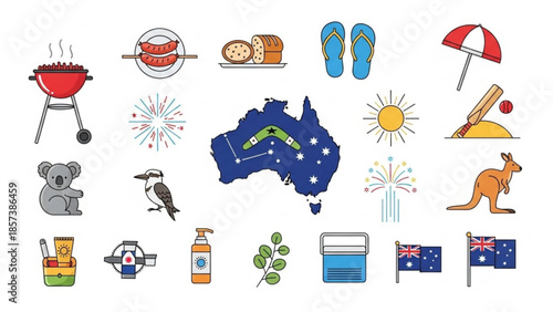 Australian Cultural Symbols Illustration: A vibrant collection of symbols representing the heart of Australia, from its iconic landmarks to its beloved wildlife and traditions.