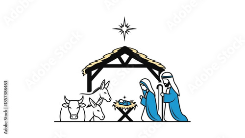 Nativity Scene Illustration: A peaceful representation of the birth of Jesus, featuring a stable, Mary, Joseph, baby Jesus, and surrounding animals.