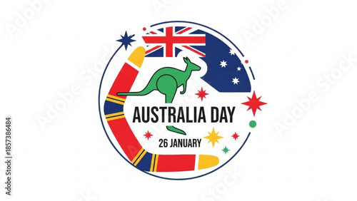Australia Day Celebration: A vibrant emblem of Australia Day, featuring the iconic kangaroo, the Australian flag, and a boomerang.