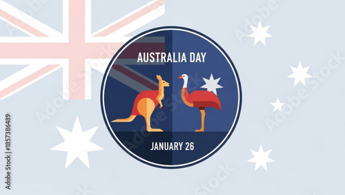 Australia Day Celebration: A vibrant emblem of Australia Day, featuring the national flag, a kangaroo, and an emu, set against a backdrop of stars, symbolizes the spirit and identity of the nation. 
