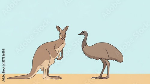 Australian Wildlife Duo: An emu and a kangaroo stand side-by-side against a muted backdrop, representing the unique biodiversity of Australia.