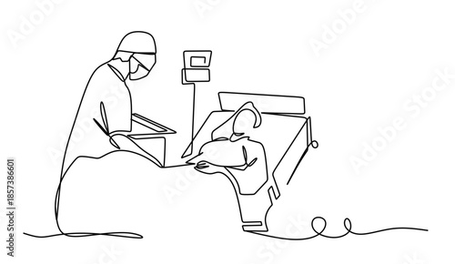 Continuous line. A doctor is examining a patient lying on a bed in a patient care room. Medical illustration. Hand-drawn line art vector illustration. Editable strokes.