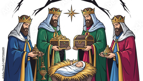 Adoration of the Magi: An illustration of the three wise men, each bearing gifts, gathered around the infant Jesus in a humble stable, illuminated by a celestial star.