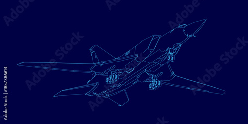 A military fighter jet blueprint contour flies against a dark blue sky. Intricate details of the wings, tail, and engines are clearly visible in this technical illustration.