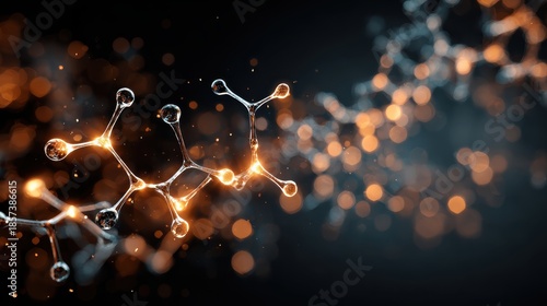Abstract representation of molecular structures with glowing elements and soft bokeh lights creating a scientific and modern atmosphere in dark background