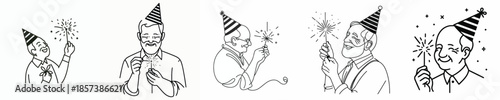vector half body of a grandfather lighting small fireworks(sparkle) on New Year